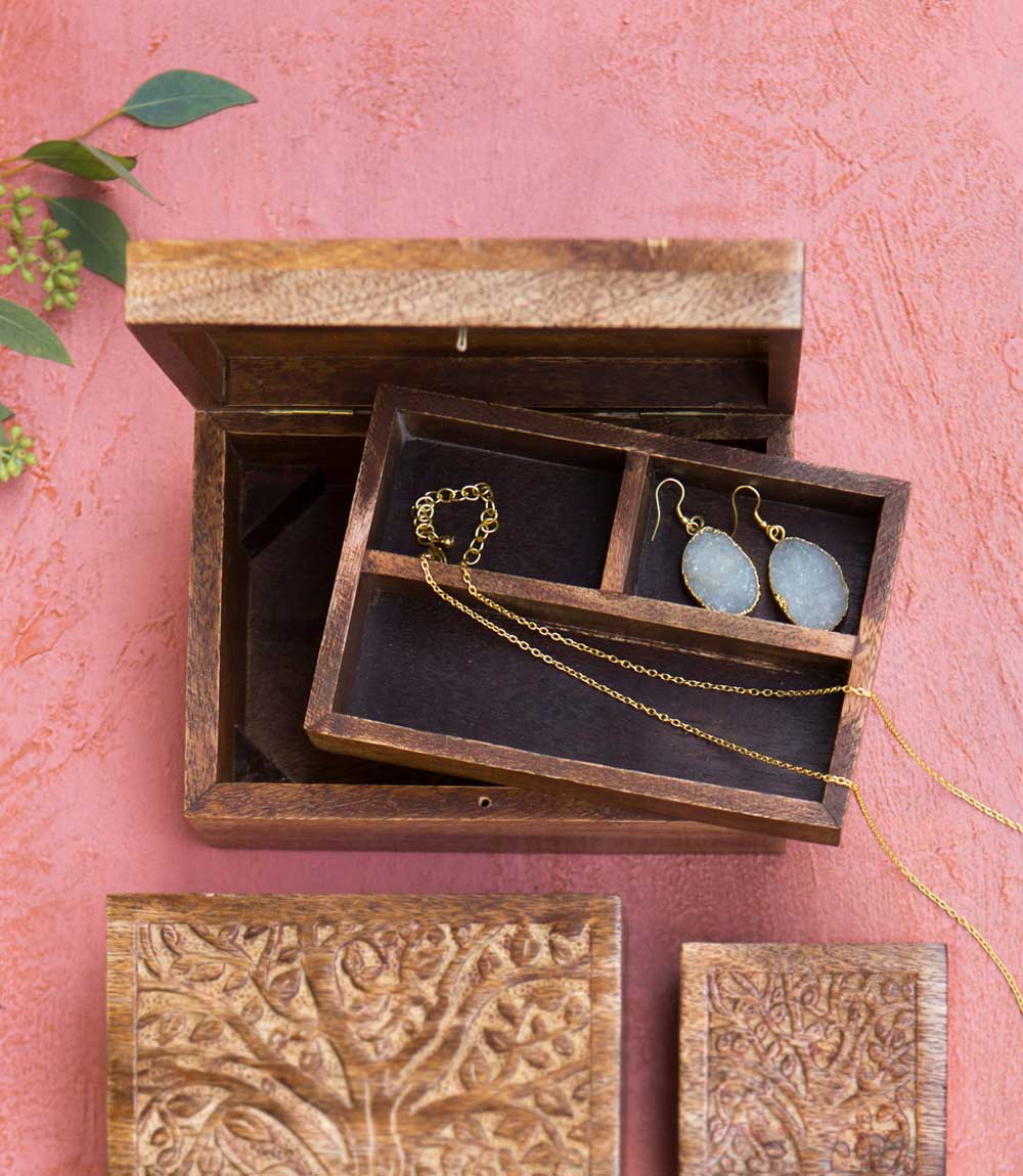 Aranyani Tree of Life Jewelry Box With Tray - Hand Carved