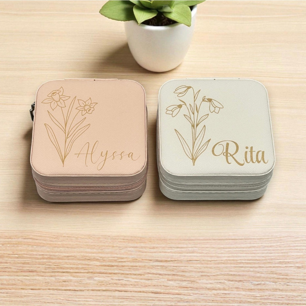 Personalized Travel Jewelry Box with Birth Month Flower Design