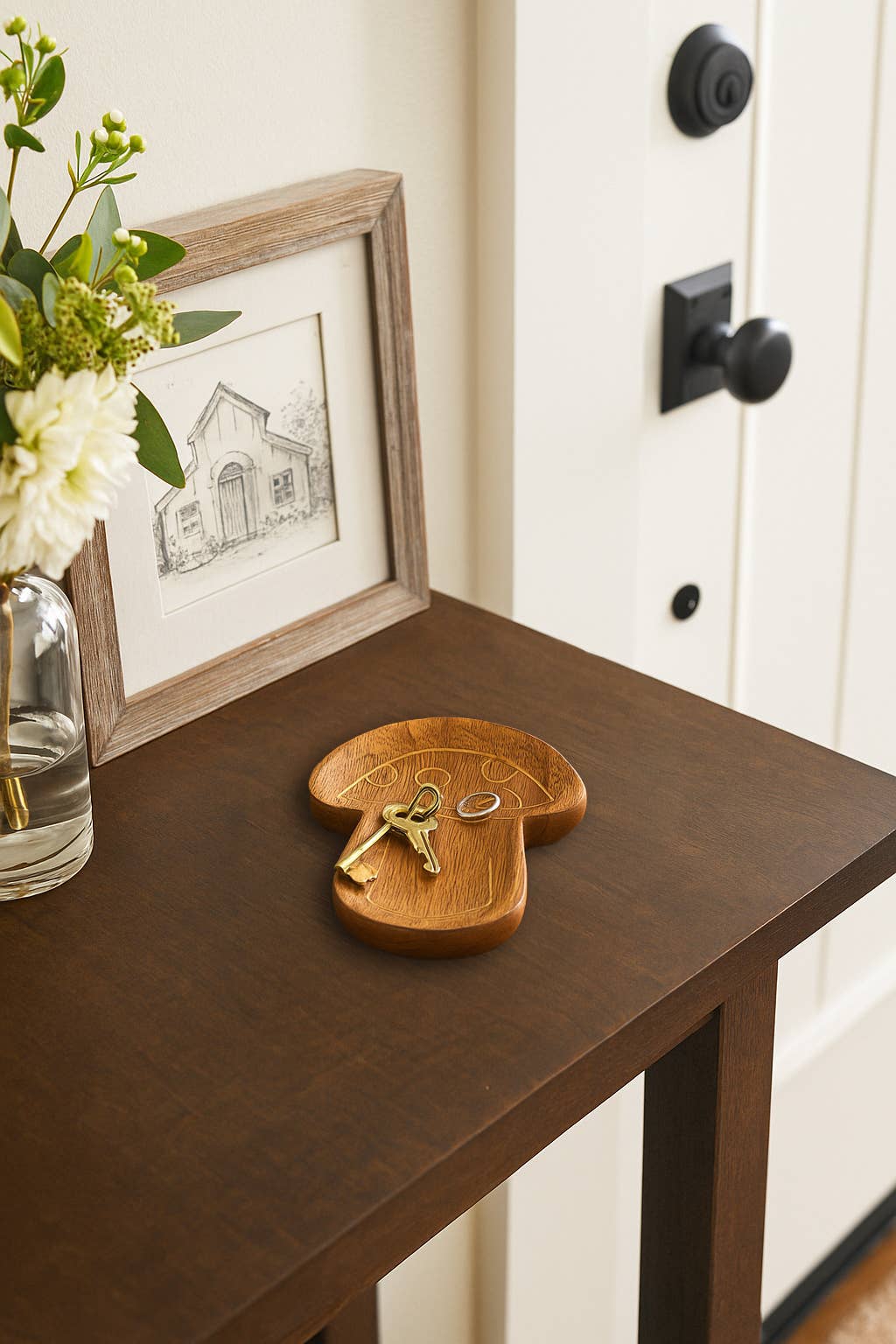 Drishti Mushroom Jewelry Tray - Wood, Brass inlay