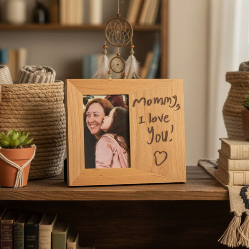 Wooden photo frame with a picture of a woman and child, and 'Mommy, I love you!' handwritten text is engraved to the right of the photo. The frame is displayed on a shelf with boho decorations surrounding it.
