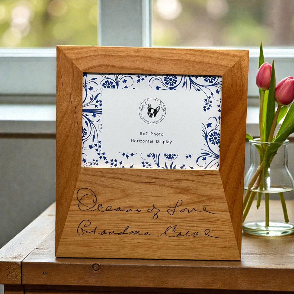 Custom Engraved Photo Frame: Your Handwriting Engraved on Alder Wood - 4x6, 5x7