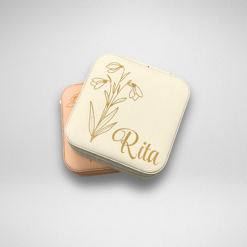 Personalized Travel Jewelry Box with Birth Month Flower Design