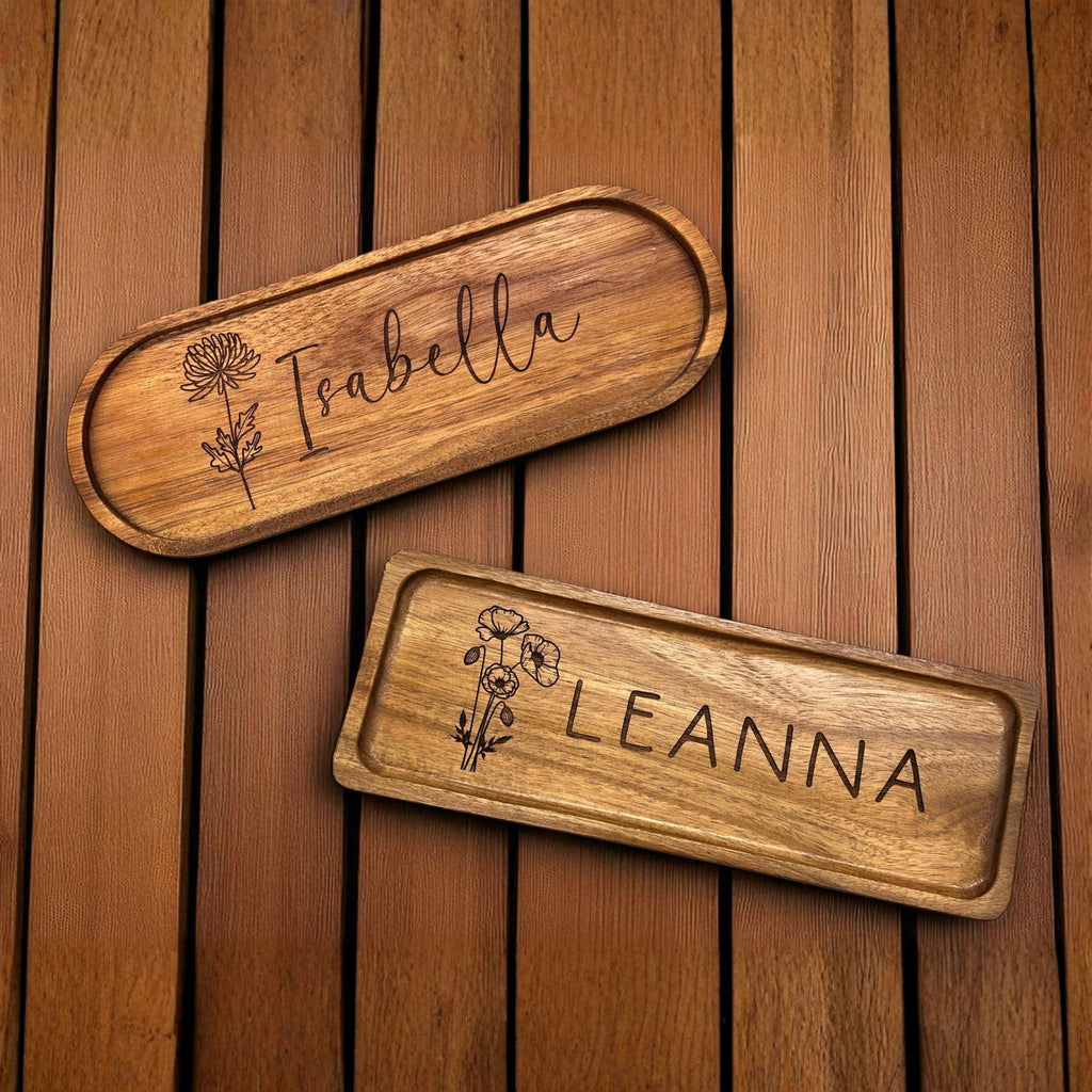 Personalized Wood Valet Tray - Add Your Name and Birth Month Flower - Jewelry Organizer