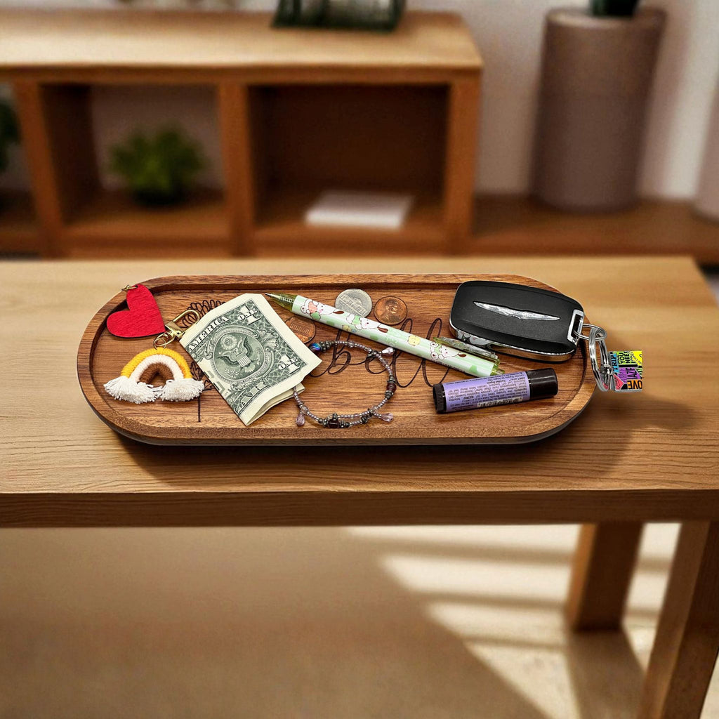 Personalized Wood Valet Tray - Add Your Name and Birth Month Flower - Jewelry Organizer