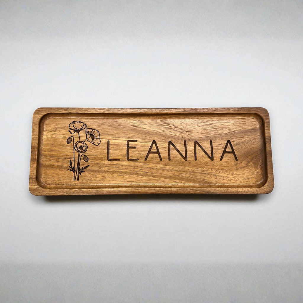 Personalized Wood Valet Tray - Add Your Name and Birth Month Flower - Jewelry Organizer