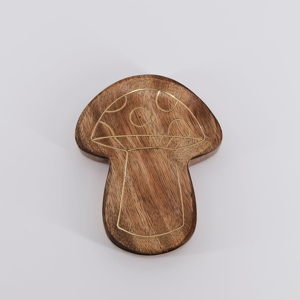 Drishti Mushroom Jewelry Tray - Wood, Brass inlay