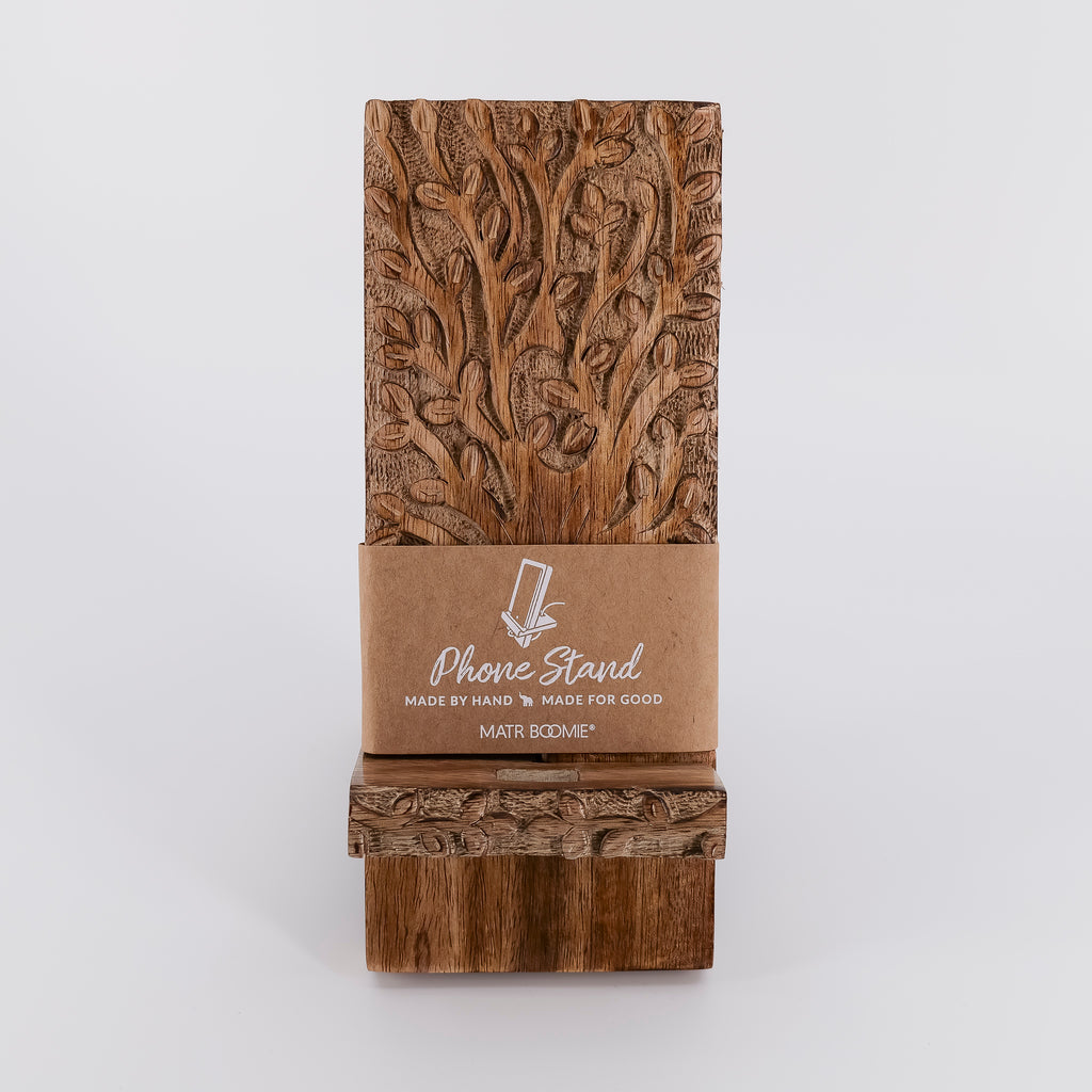 Aranyani Tree of Life Phone Stand for Desk-Hand Carved Wood
