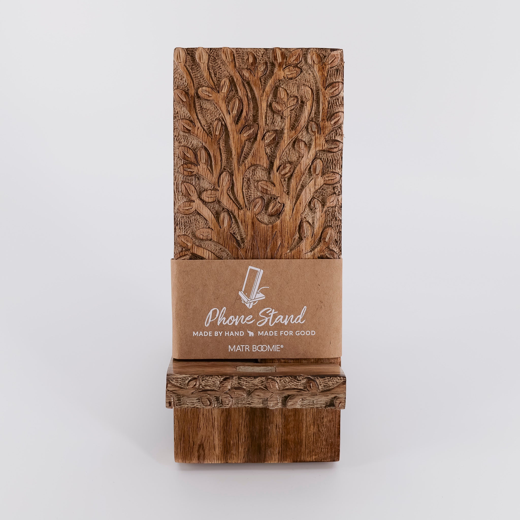 Aranyani Tree of Life Phone Stand for Desk-Hand Carved Wood