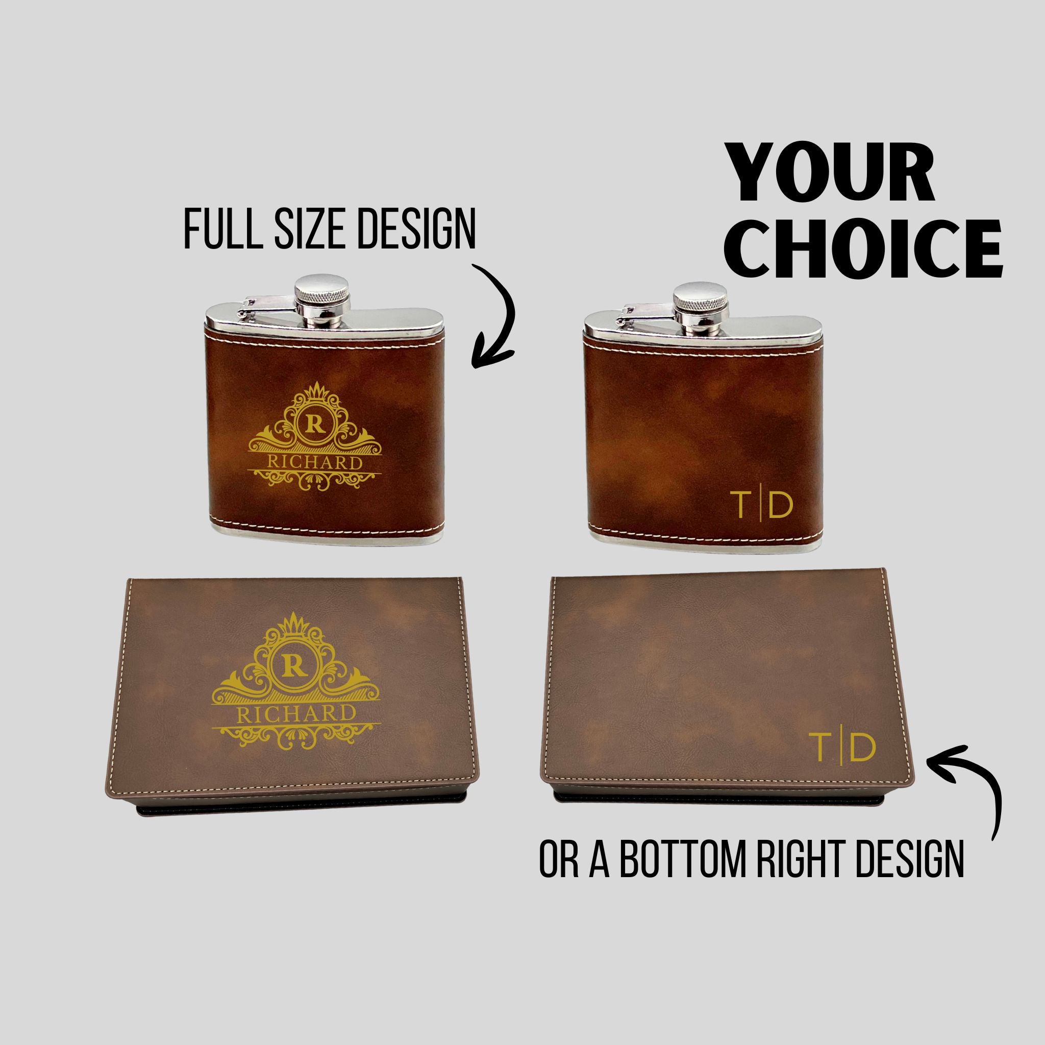 Personalized Rustic Brown Vegan Leather Flask & Gift Box Set