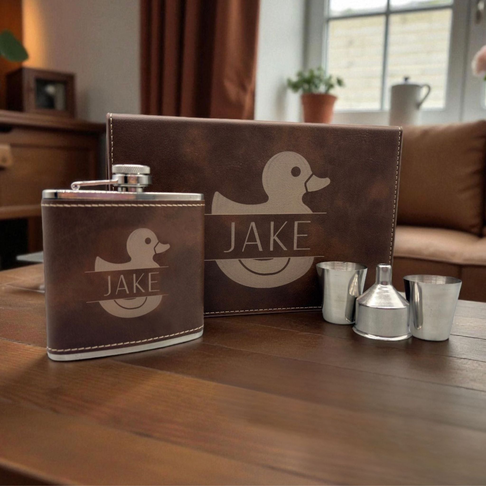 Personalized Rustic Brown Vegan Leather Flask & Gift Box Set