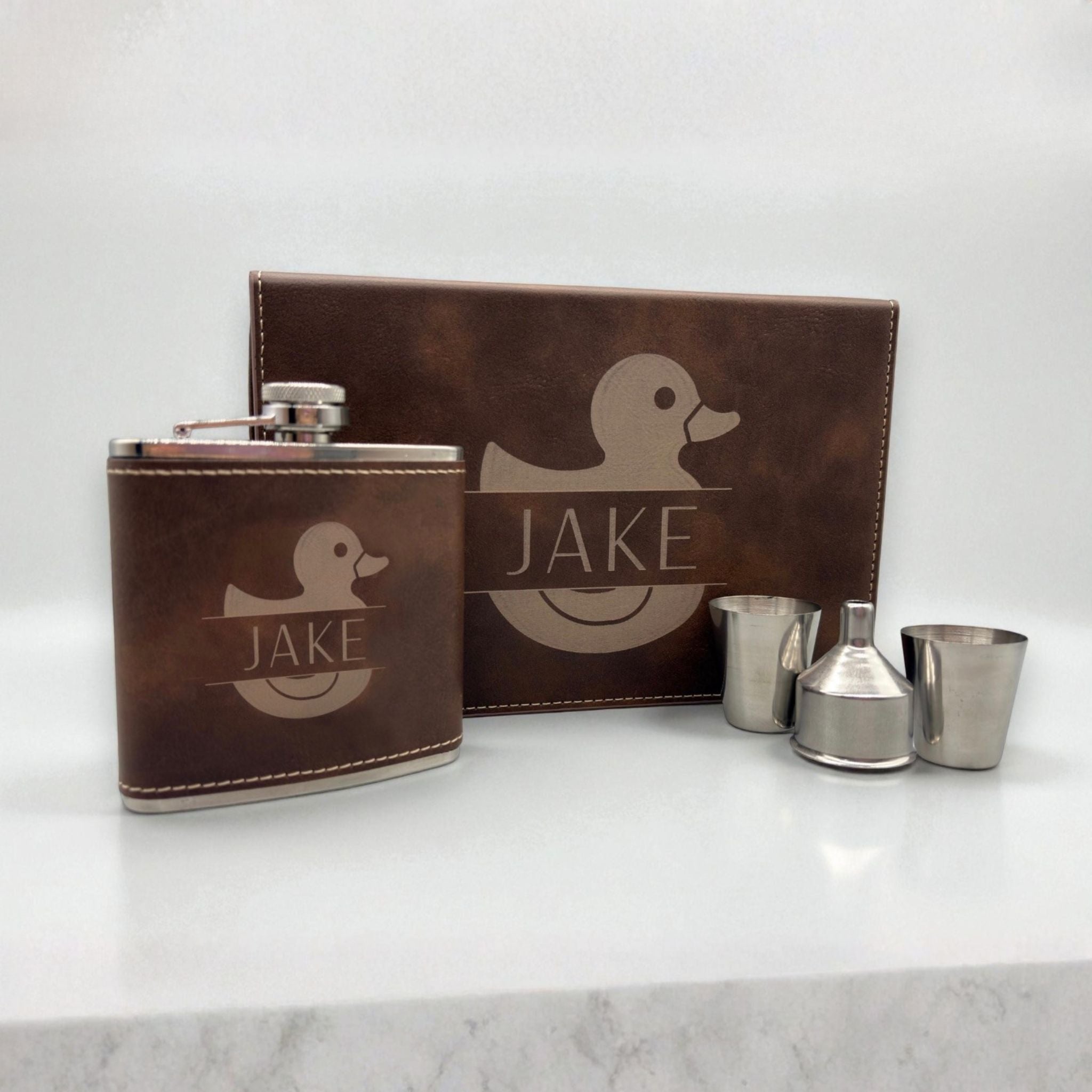 Personalized Rustic Brown Vegan Leather Flask & Gift Box Set