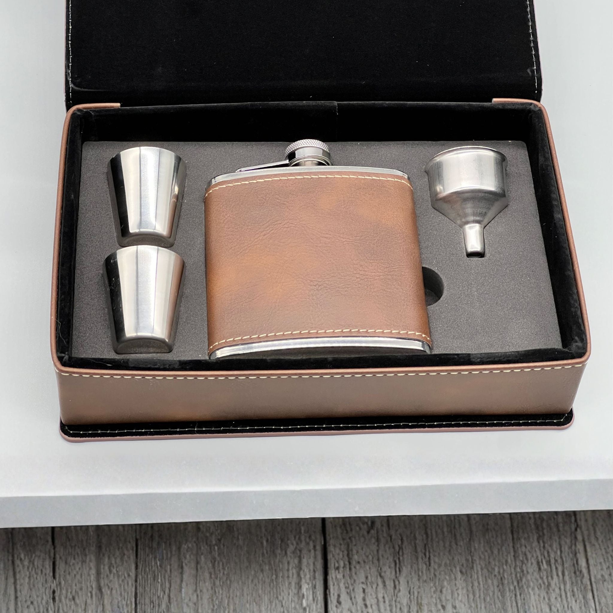 Personalized Rustic Brown Vegan Leather Flask & Gift Box Set