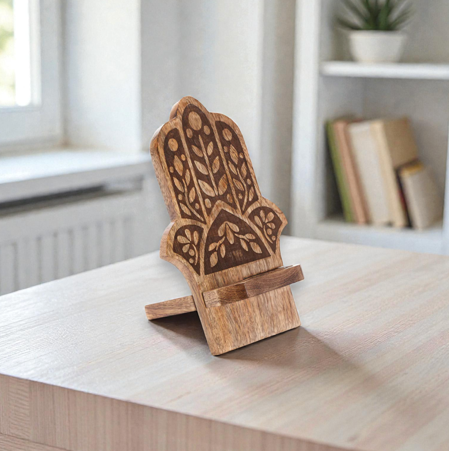 Hamsa Phone Stand for Desk - Mango Wood