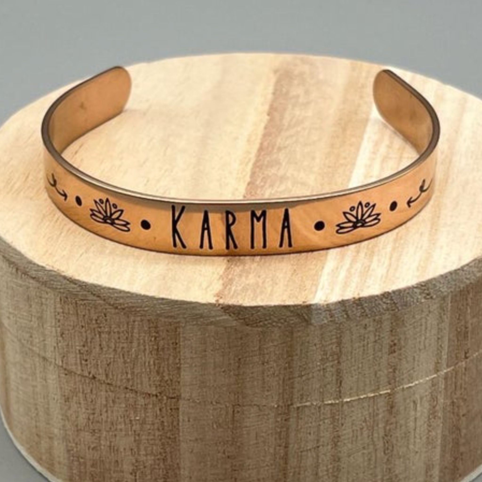 Karma & Lotus Flower Laser Etched Cuff Bracelet