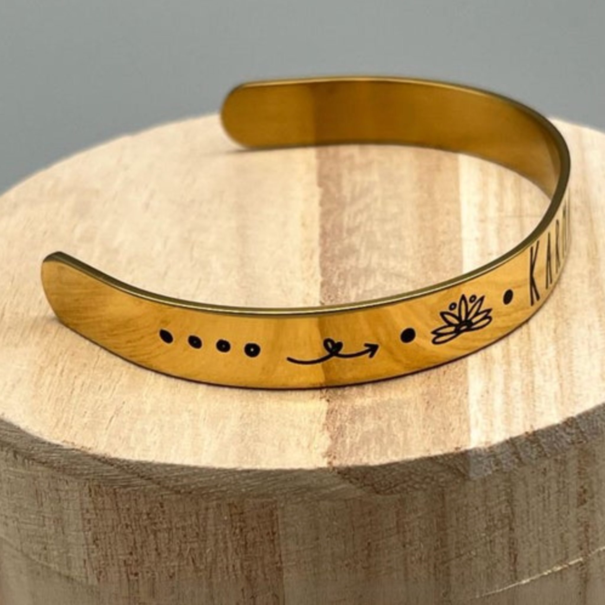 Karma & Lotus Flower Laser Etched Cuff Bracelet