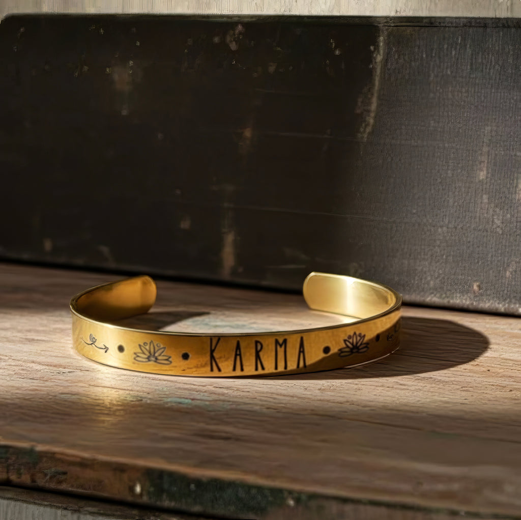 Karma & Lotus Flower Laser Etched Cuff Bracelet
