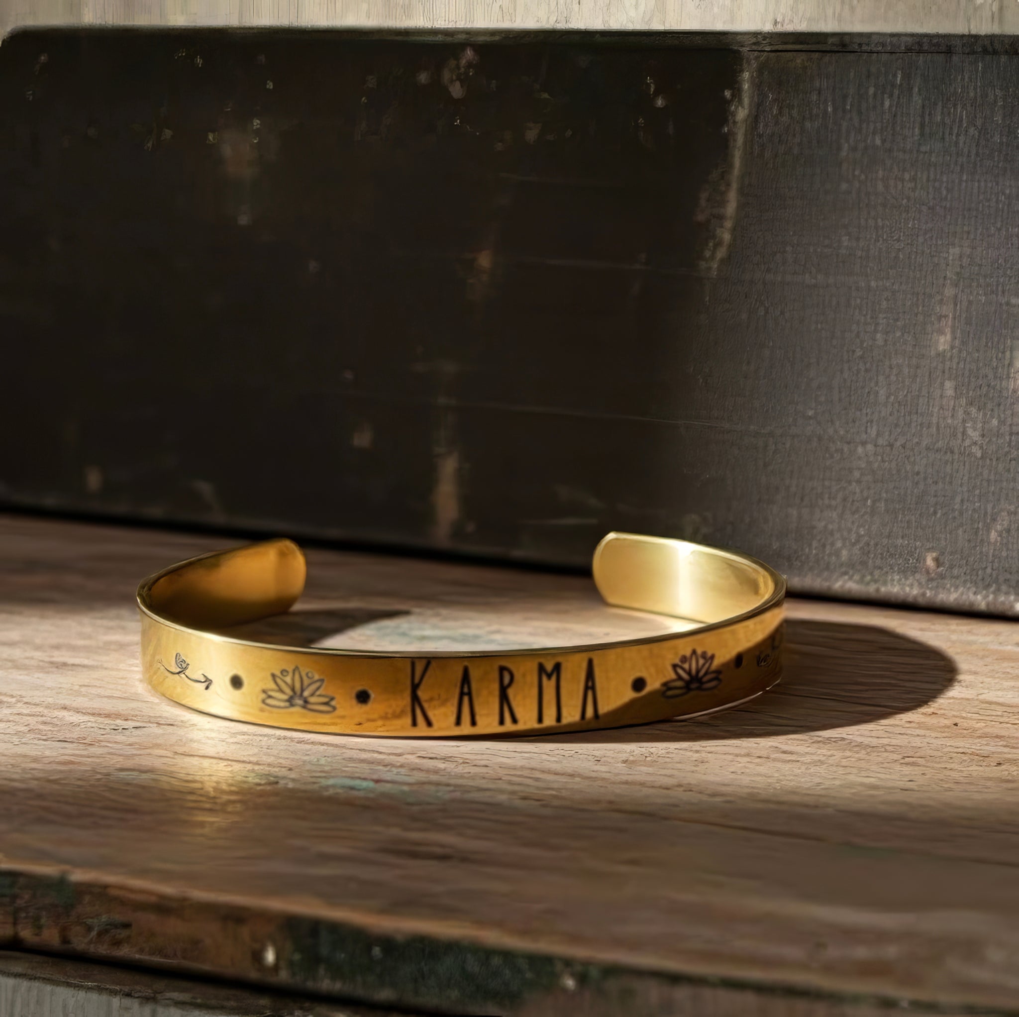 Karma & Lotus Flower Laser Etched Cuff Bracelet