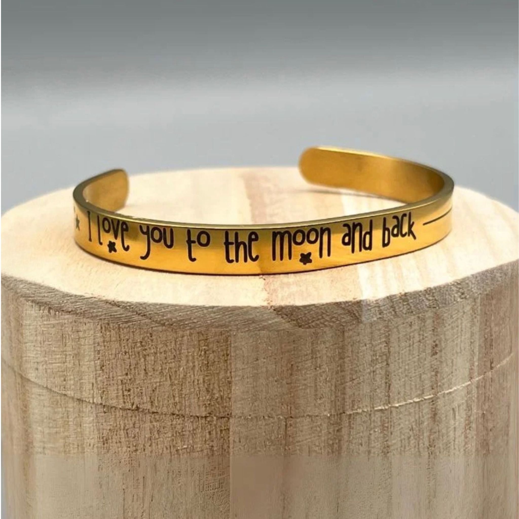 "I Love You to the Moon and Back" Gold Tone Cuff Bracelet - Stainless Steel