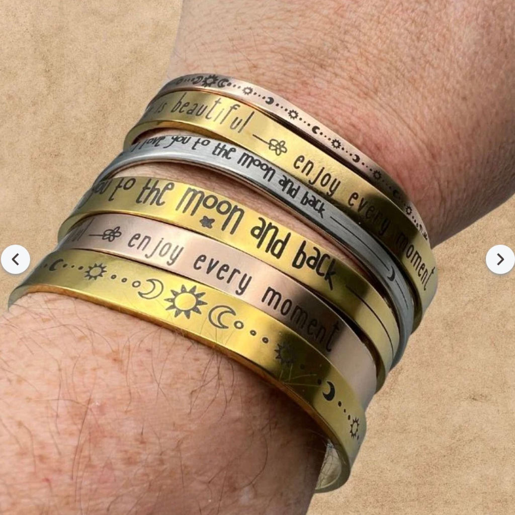 "I Love You to the Moon and Back" Gold Tone Cuff Bracelet - Stainless Steel