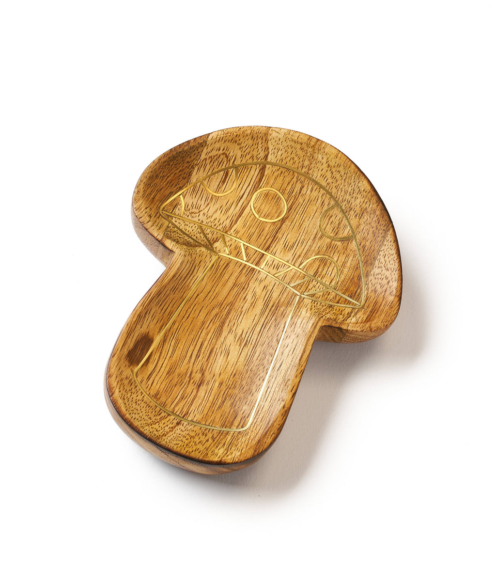 Drishti Mushroom Jewelry Tray - Wood, Brass inlay