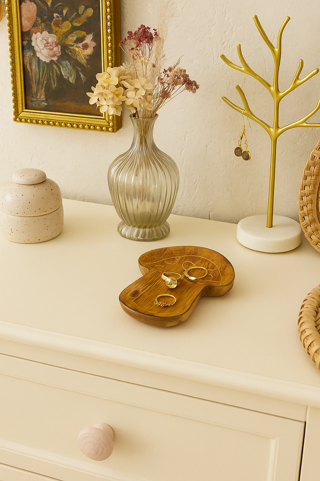 Drishti Mushroom Jewelry Tray - Wood, Brass inlay